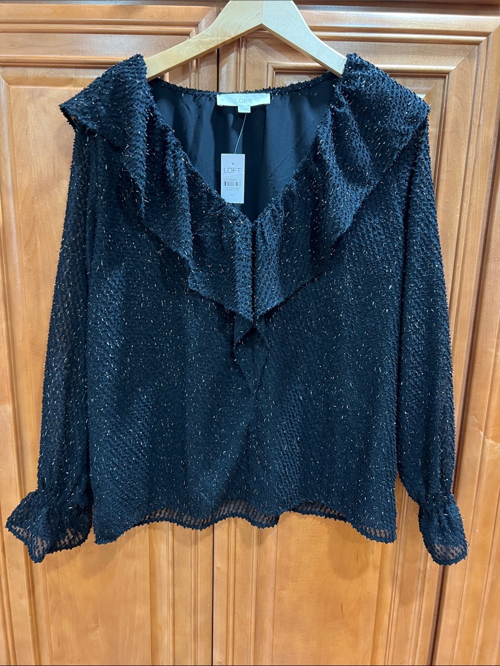 LOFT Black Metallic Sheer Ruffle V-Neck Blouse